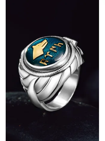 Erkek Gümüş Yüzük - Göktürkçe Türk Yazılı Bozkurt İşlemeli Kılıç Temalı Erkek Yüzük