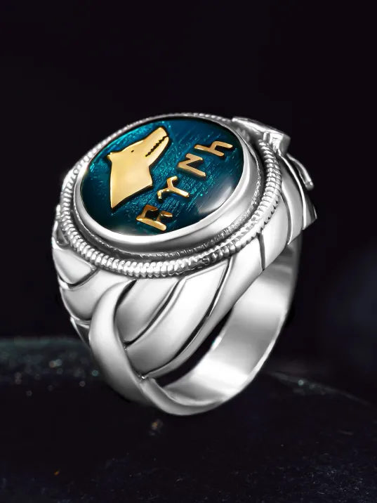 Erkek Gümüş Yüzük - Göktürkçe Türk Yazılı Bozkurt İşlemeli Kılıç Temalı Erkek Yüzük