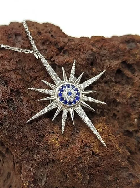 Zirkon Taşlı Nazar Boncuklu Kutup Yıldızı Bayan Gümüş Kolye