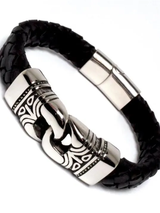 Ottoman Gotik Model Deri Çelik Erkek Bileklik DBLSYHHALKA