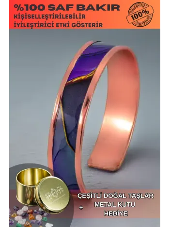 Kadın Bakır Bileklik - Laura Model Özel Baskı Metal Kutu Ve Kuvars Taşı