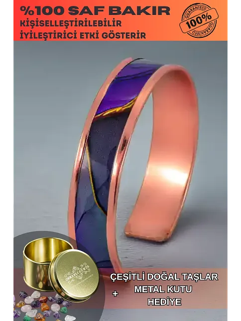 Kadın Bakır Bileklik - Laura Model Özel Baskı Metal Kutu Ve Kuvars Taşı