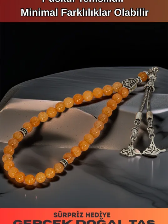 Erkek Doğal Taş Tespih - Doğal Turuncu Akik Taşlı Ortaboy Tesbih