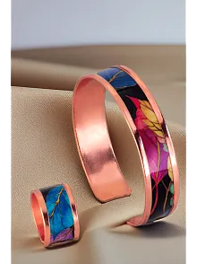 Kadın Bakır Bileklik Yüzük Set - Perla Model Özel Baskı Metal Kutu Ve Doğal Taşlar