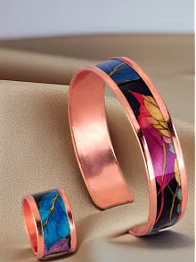 Kadın Bakır Bileklik Yüzük Set - Perla Model Özel Baskı Metal Kutu Ve Doğal Taşlar