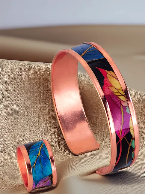Kadın Bakır Bileklik Yüzük Set - Perla Model Özel Baskı Metal Kutu Ve Doğal Taşlar