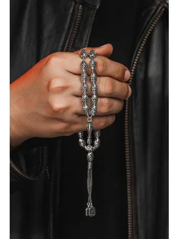 Erkek Tesbih - Efsun Oksitli 925 Ayar Gümüş Erkek Tespih Büyük Boy 41gr