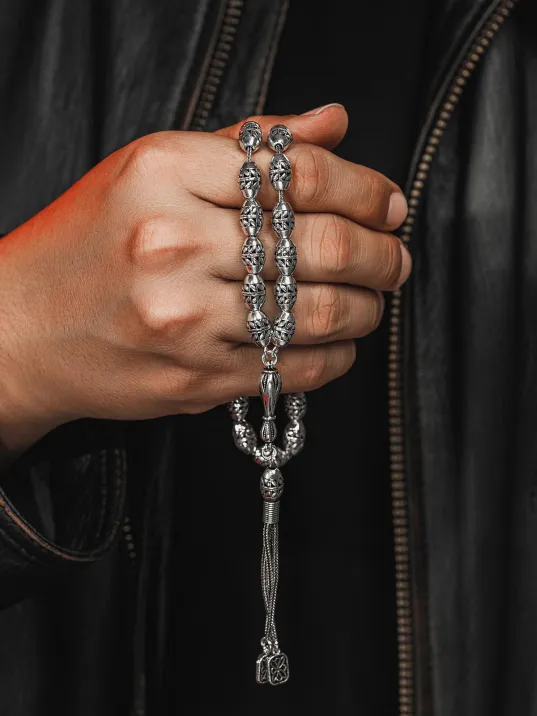 Erkek Tesbih - Efsun Oksitli 925 Ayar Gümüş Erkek Tespih Büyük Boy 41gr