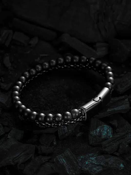 Erkek Doğal Taş ve Deri Kombin Bileklik - Oniks Doğal Taş ve Örgü Deri Erkek Bileklik