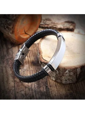 İsimli Deri Çelik Erkek Bileklik Deri Örgülü Model
