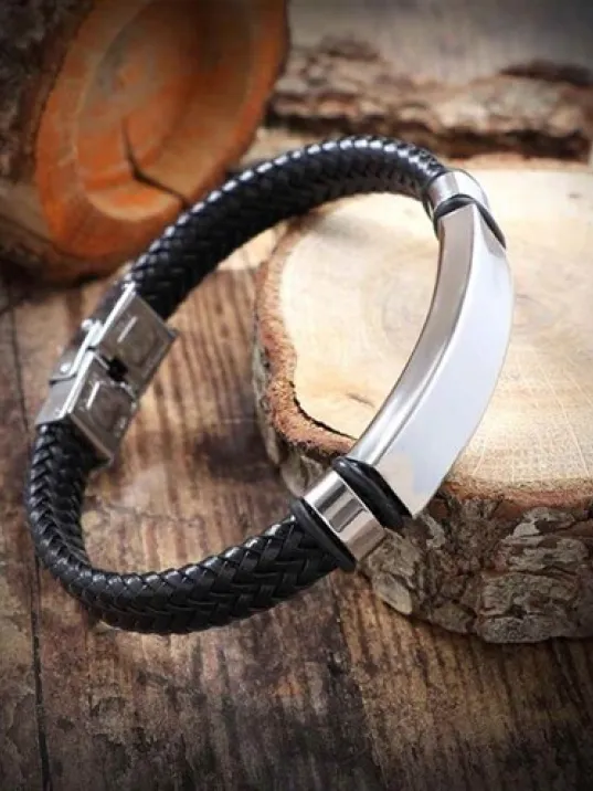 İsimli Deri Çelik Erkek Bileklik Deri Örgülü Model