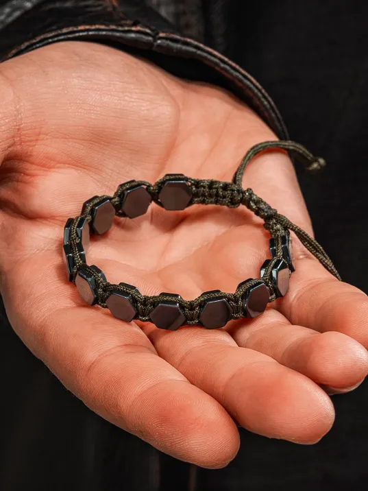 Erkek Kadın Doğal Taş Bileklik - Siyah Hematit Doğal Taşlı Yeşil Makrome Model Unisex Bileklik