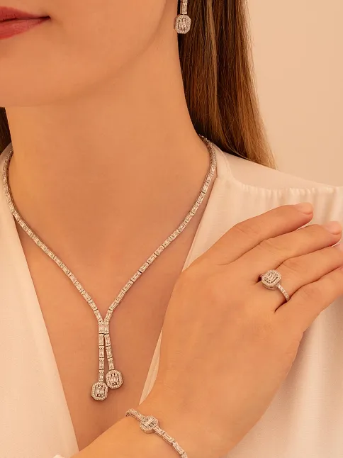 Kadın Gümüş Takı Seti - Merlin Baget Taşlı Model Kolye, Bileklik, Yüzük, Küpe Tam Set
