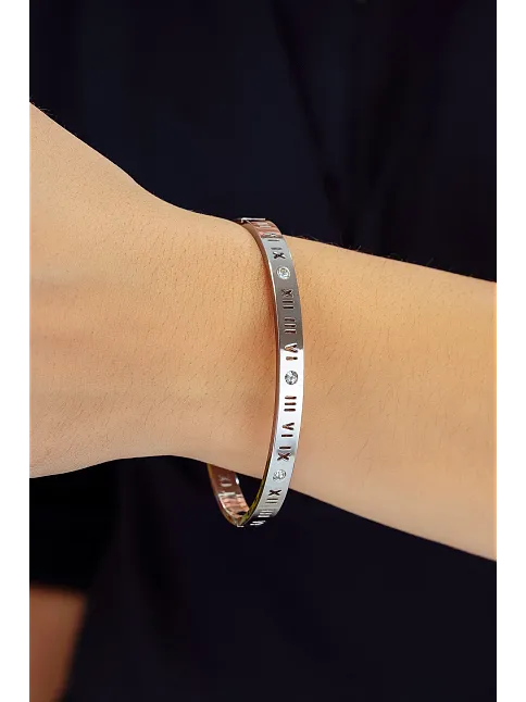 Kadın Çelik Bileklik - Roma Rakamlı Zirkon Taşlı Kelepçe Model