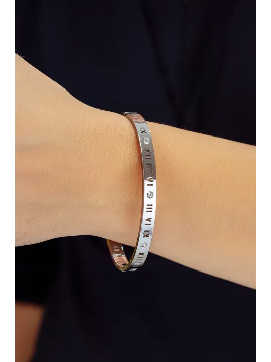 Kadın Çelik Bileklik - Roma Rakamlı Zirkon Taşlı Kelepçe Model