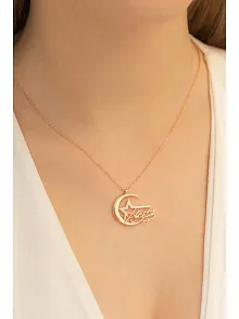 Kadın Gümüş Kolye - Zirkon Taşlı Rose Kemal Atatürk Imzalı Ay Yıldız Gümüş Kolye Gklayyldzm4-ros