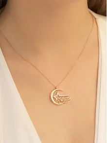 Kadın Gümüş Kolye - Zirkon Taşlı Rose Kemal Atatürk Imzalı Ay Yıldız Gümüş Kolye Gklayyldzm4-ros