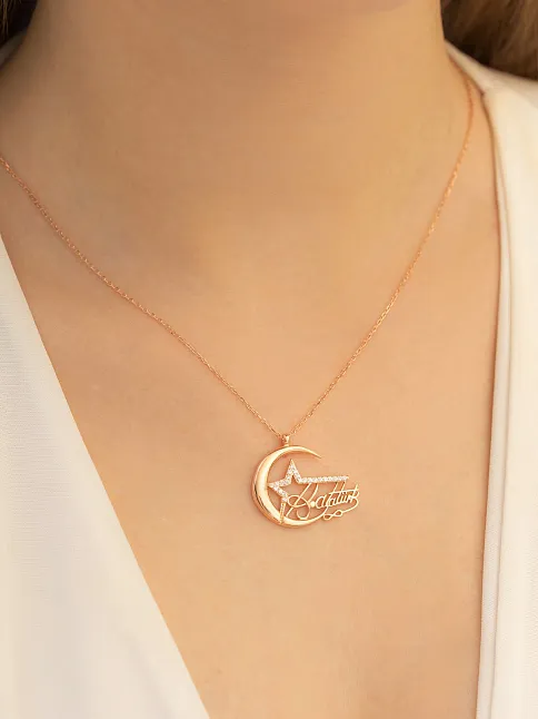 Kadın Gümüş Kolye - Zirkon Taşlı Rose Kemal Atatürk Imzalı Ay Yıldız Gümüş Kolye Gklayyldzm4-ros