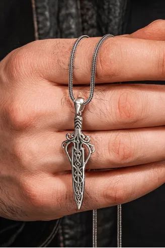 Erkek 925 Ayar Gümüş Viking Kılıcı Kolye Spartalı Savaşçı Temalı Özel Tasarım