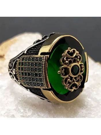 Yeşil Zirkon Taşlı Otantik Tasarım Gümüş Erkek Yüzük