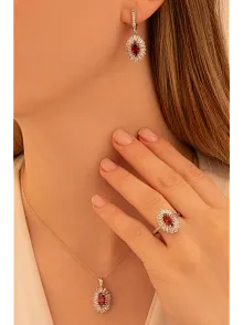 Kadın Gümüş Set - Mekik Model Yakut Taşlı Baget Süslemeli Rodyumlu Kadın Set