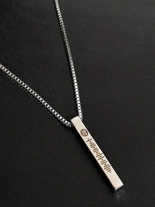 Spotify Şarkı Kodlu Çelik Gümüş Bar Çubuk Kolye Blok Zincir CKLSPOTYKLY-GMS