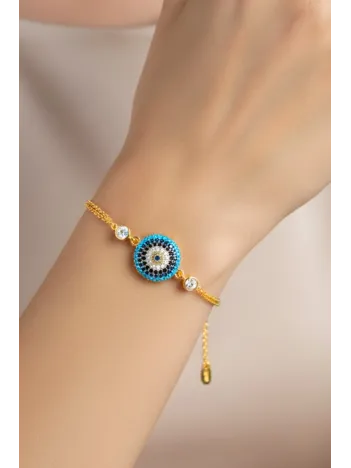 Kadın Gümüş Bileklik - 14 Ayar Altın Kaplama Nazar Boncuğu Desenli Gümüş Bileklik