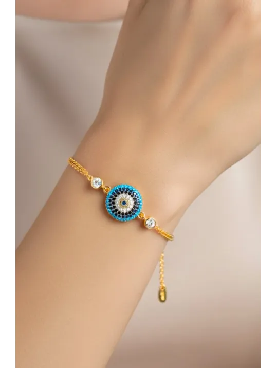 Kadın Gümüş Bileklik - 14 Ayar Altın Kaplama Nazar Boncuğu Desenli Gümüş Bileklik