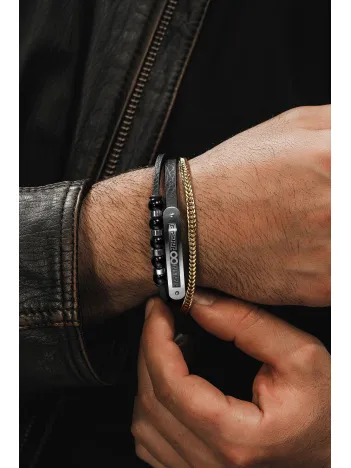 Doğal Oniks Taşlı Deri Çelik 3 lü Erkek Bileklik Sonsuzluk Ve Grek Motifli