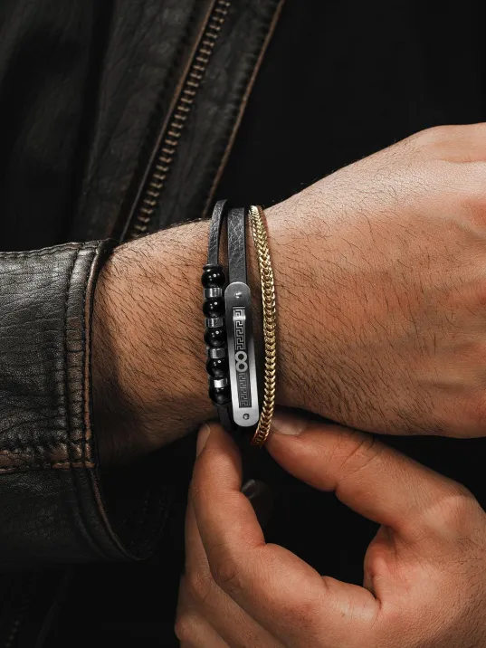 Doğal Oniks Taşlı Deri Çelik 3 lü Erkek Bileklik Sonsuzluk Ve Grek Motifli