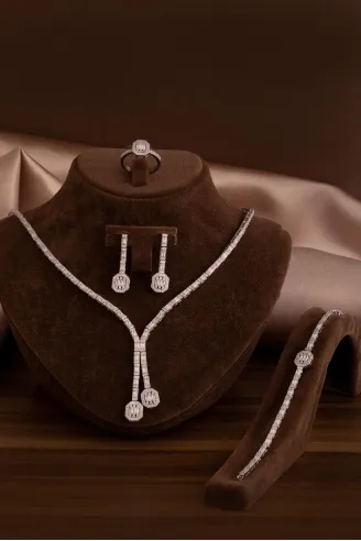 Kadın Gümüş Takı Seti - Merlin Baget Taşlı Model Kolye, Bileklik, Yüzük, Küpe Tam Set