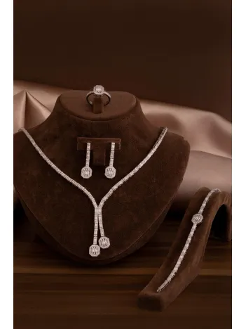 Kadın Gümüş Takı Seti - Merlin Baget Taşlı Model Kolye, Bileklik, Yüzük, Küpe Tam Set Kadın Gümüş Takı Seti - Merlin Baget Taşlı Model Kolye, Bileklik, Yüzük, Küpe Tam Set