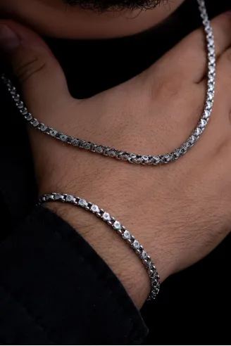 Erkek Çelik Kolye Bileklik Set - Pullu Model Çelik Kolye Bileklik Set