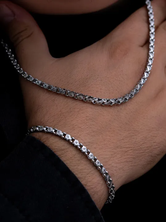 Erkek Çelik Kolye Bileklik Set - Pullu Model Çelik Kolye Bileklik Set