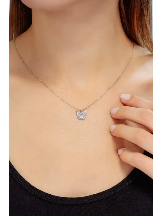 Kadın Gümüş Kolye - Swarovski Taşlı Zirconia Çok Taşlı Kelebek Motifli Kadın Kolye