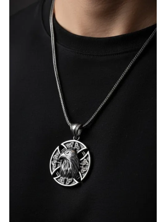 Erkek Gümüş Kolye - 925 Ayar Kabartmalı Kartal Kafası Motifli Tilki Kuyruğu Zincirli Erkek Kolye