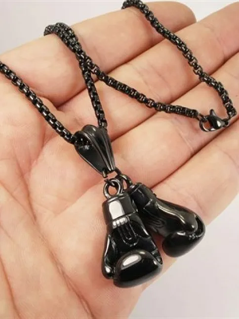 Siyah Çift Çelik Boks Eldiveni Erkek Kolye Zincir Orta Boy