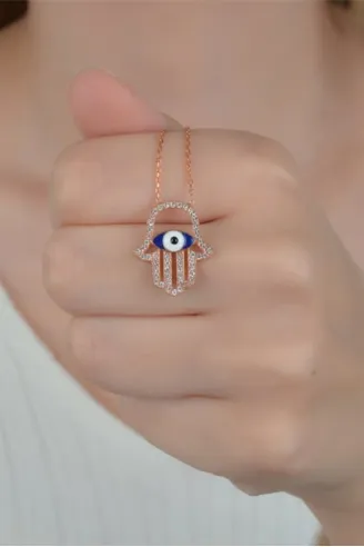 Kadın Gümüş Kolye - Mineli Göz İşlemeli Kadın Rose Kolye