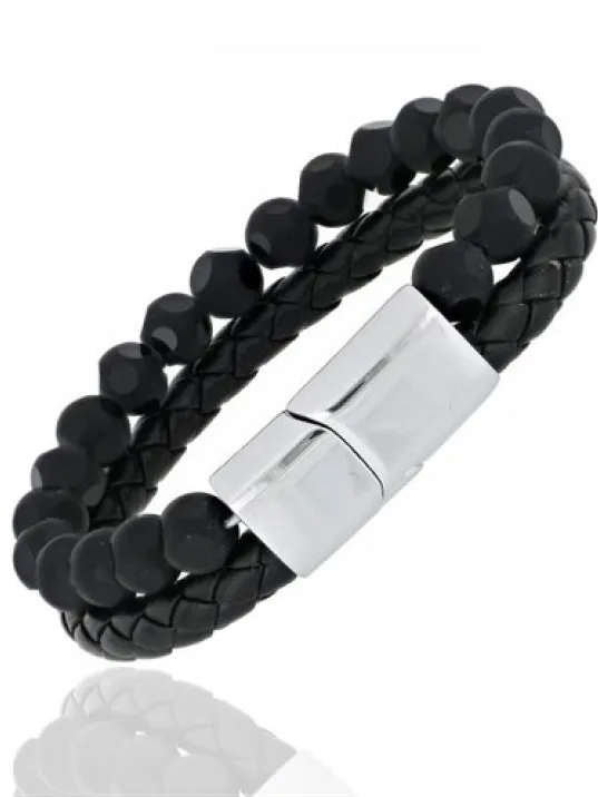 Doğal Taşlı Faset Oniks Deri Kordonlu Bileklik DKLSYHFASET