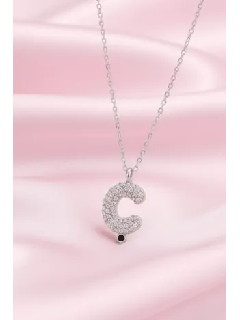 Kadın Gümüş Kolye - 925 Ayar Zirkon Taşlı Balon Ç Harfi Bayan Kolye