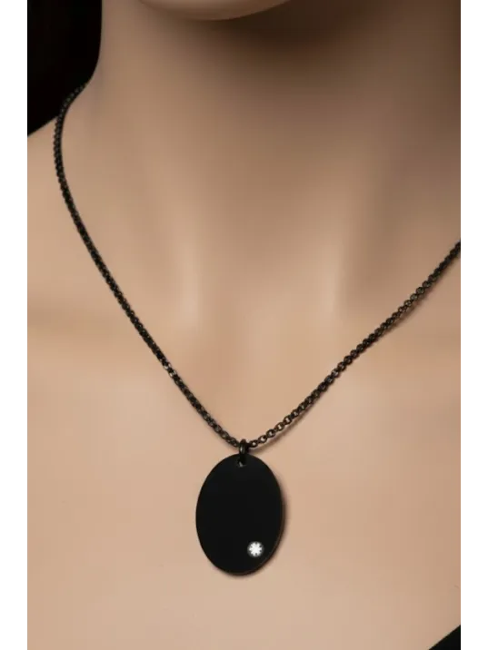 Kadın Çelik Kolye - İsim Yazılabilir Minik Zirkon Taşlı Detaylı Siyah Plaka Kolye