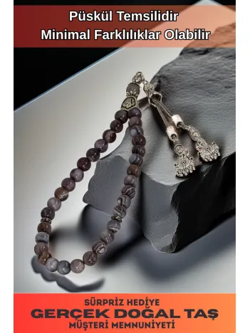 Erkek Doğal Taş Tespih - Doğal Mor Akik Taşlı Ortaboy Tesbih