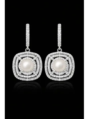 Kadın Gümüş Küpe - Kare Model İnci Detaylı Kadın Gümüş Küpe