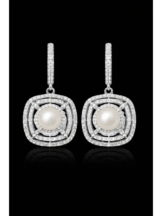 Kadın Gümüş Küpe - Kare Model İnci Detaylı Kadın Gümüş Küpe