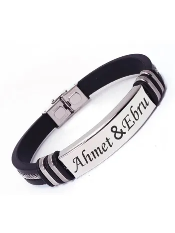 İsim Yazılan Kauçuk Çelik Erkek Bileklik Künye Beyaz Model