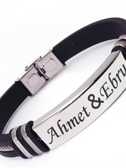 İsim Yazılan Kauçuk Çelik Erkek Bileklik Künye Beyaz Model