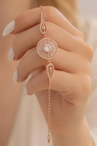 Kadın Bileklik- Gümüş Rose Renk Baget taşlı Kadın Bileklik