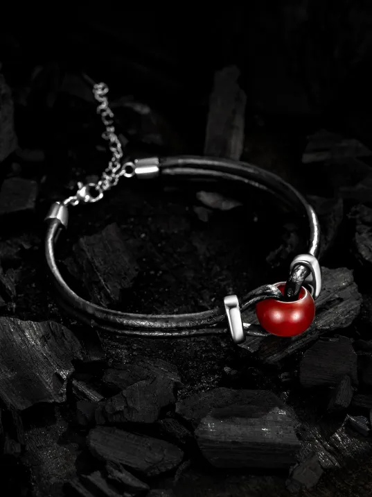 Erkek Çelik Bileklik - Orjinal Kırmızı Akik Deri Çelik Erkek Bileklik