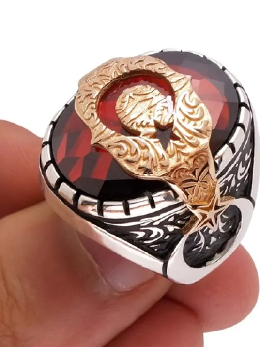 Altın Yaldızlı Ay Yıldız Gümüş Erkek Yüzük