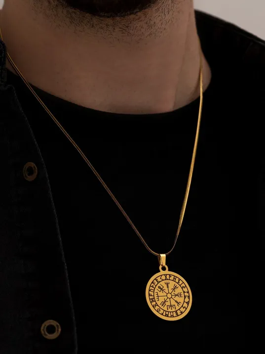 Viking Pusulası - Erkek Kolye - Viking Pusulası Model Sarı Renk Erkek Çelik Kolye - 316 L Paslanmaz Çelik